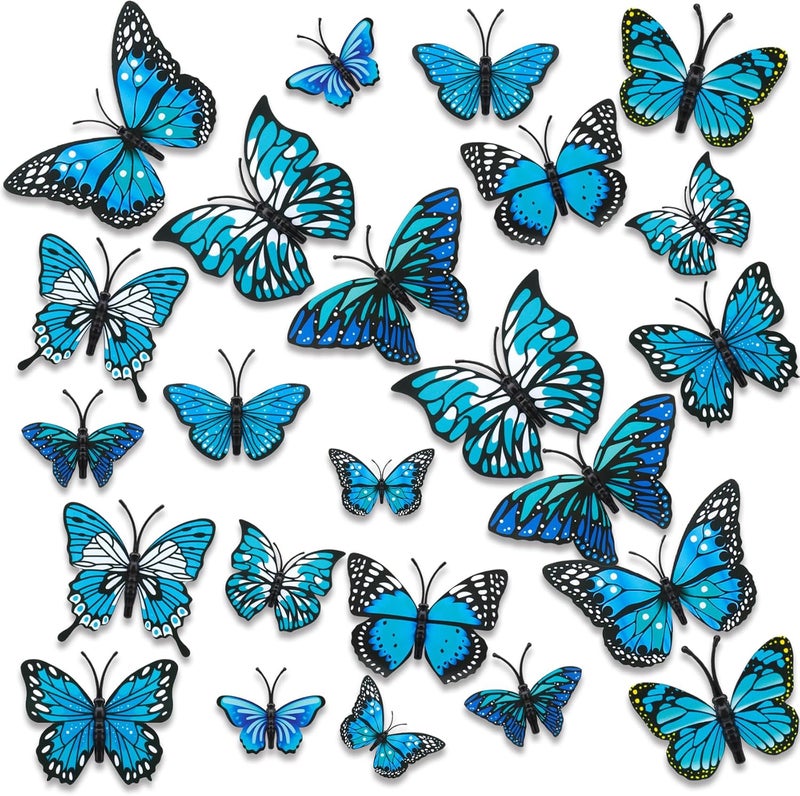 Liwidon Monarch Butterfly Decorations, 24 PCS Monarch Butterfly Wall Decor 3D Blue Fake Butterflies for Crafts Day of The Dead Halloween Party Supplies Autumn Wedding Home Wall Table Bedroom Decorations - Image 1